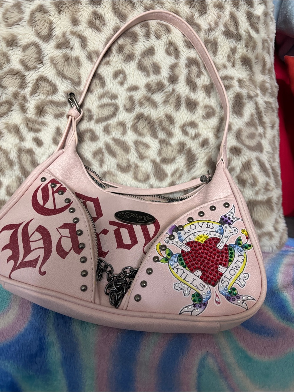 Ed Hardy Pink Embellished Heart Accent Shoulder Bag